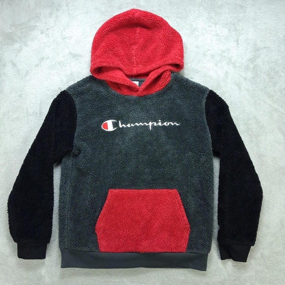 Champion Boys Sherpa Fleece Hoodie Gray Black Red Colorblock Pullover L 14/16